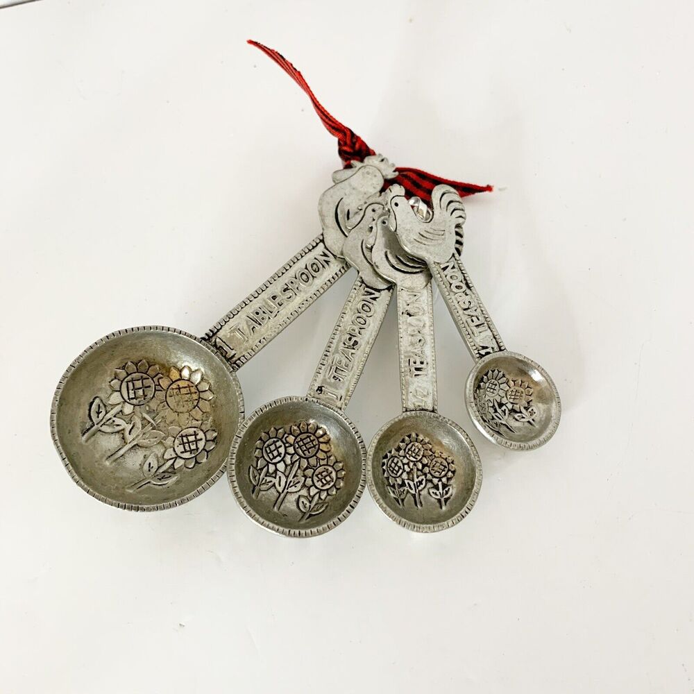 Ganz Measuring Spoons Set Rooster Chickens Sunflowers Embossed Silver Metal